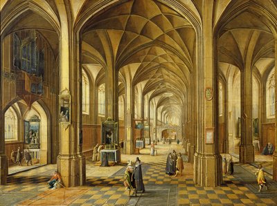 Interior of a Gothic style church with three naves by Hendrik the Younger Steenwyck